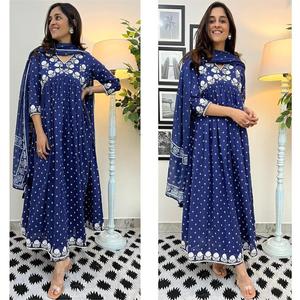 Mulmul Anarkali Kurti Pantalon Avec Duppatta Premium Quality Kurti with Beautiful Embroidery Work Long Kurta Dupatta Fabric- Cotton - Product Image 2