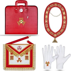 Conjunto de insignias masónicas del Arco Real PHP, delantal bordado a mano con flecos dorados, collar de cadena con joya, guantes blancos y estuche rojo. - Product Image 5