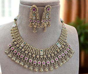 Conjunto de collar Rajwadi chapado en oro de calidad superior tradicional con pendientes para mujer, conjunto de collar clásico para ropa de boda - Product Image 3