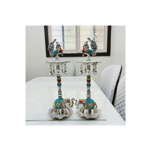 india Silver Elephant , Long Diya Stand, Set of 1 <b>Oil</b> <b>Lamp</b>, Entryways Decor, Diwali Decor, Peacock Samai, Annam <b>Brass</b> <b>Oil</b> <b>Lamp</b> - Product Image 2