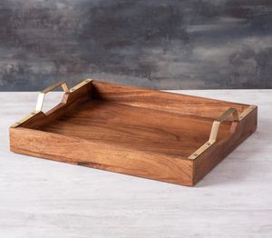 Bandeja octogonal de madera de acacia para servir con asas de metal para servir café, té, bebidas, bandeja hecha a mano - Product Image 3