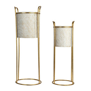 Maceta blanca redonda de metal de calidad premium con soporte dorado para decoración de jardín interior y exterior - Product Image 1