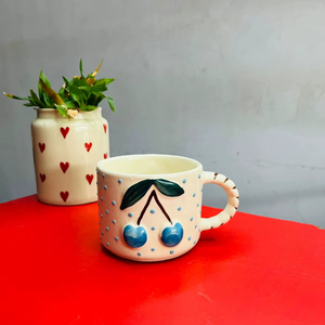 3D Cherry Pattern <b>Ceramic</b> Coffee <b>Mug</b>, 300ml White with Pink Design Hot Beverages Microwave and Dishwasher Safe - Product Image 1