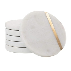 Handcrafted Natural Stone Coasters White with Brass Inlay <b>Marble</b> Pattern Coasters Absorbent Stone Coaster - Product Image 1