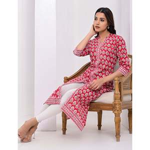 Cotton Block Printed <b>Red</b> Kurti Indian Dresses for Women-<b>Red</b> Lehenga Choli <b>Saree</b> Salwar Kameez Pakistani Salwar All Stitched - Product Image 4