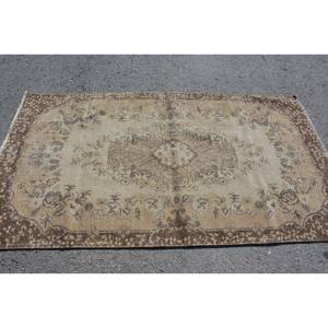 Alfombra turca Vintage Beige Marrón 3,7 X 6.8ft Lana hecha a mano Área grande Diseño de retazos Rectangular Pasillo Látex para decoración de habitación - Product Image 3
