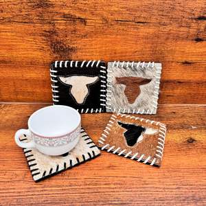 Top vente à la main Longhorn peau de vache sous-verres ensemble Western cheveux sur cacher en cuir véritable sous-verre pour boissons Western décor à la maison cadeaux - Product Image 5