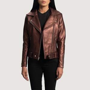 Chaqueta de motorista de piel de oveja auténtica para mujer, con cremallera, forro de viscosa acolchado y bolsillos interiores exteriores, color marrón - Product Image 3