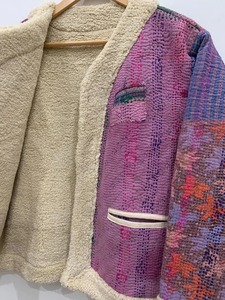 Violet Kantha fausse fourrure veste gilet court boutons faits à la main manteau doux vêtements d'hiver veste manteau Floral femmes manteau - Product Image 3