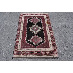 Alfombra turca Vintage roja y negra tradicional, 3,5x5,5 pies, área grande, 10mm de espesor, Material de lana, respaldo de látex, pasillo rectangular - Product Image 1