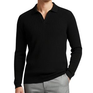 Camiseta Polo de Manga Larga con Cuello Redondo Negro para Hombre, Personalizada, de Alta Calidad, sin Botones, Cuello en V, Tejida, Informal, Ajustada - Product Image 1