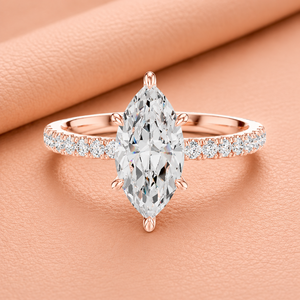 Bague de fiançailles en or rose 14 carats avec diamant de laboratoire taille marquise, sertie de griffes, bande pavée, plaqué rhodium, bijoux de luxe pour mariée - Product Image 1