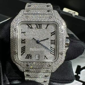 Reloj de Pulsera Premium con Caja Cuadrada de Acero Inoxidable Plateado, Movimientos Suizos, Diamantes Moissanite, Totalmente Engastado, Mecánico Personalizado con Fecha, Estilo Hip Hop - Product Image 1