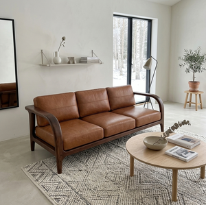 Brown Faux Leather Three Seat Sofa with Padded Arms Foam Filling Modern Design Solid <b>Oak</b> <b>Frame</b> for Living Room - Product Image 3