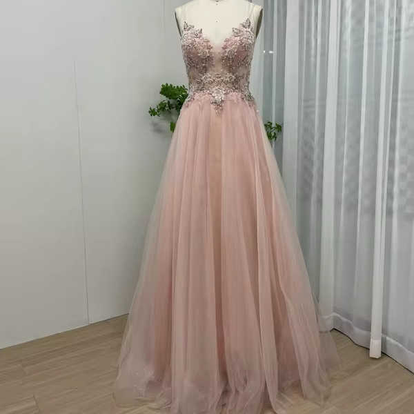 Pink A-Line Sexy Evening Dresses Gowns 2025 Elegant Beaded Lace Up For Women Party LA71318