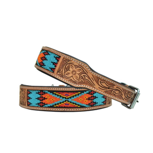 Collar de perro de cuero con cuentas hecho a mano con patrón tribal trenzado de turquesa, ajustable y duradero. - Product Image 1