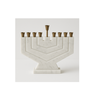 Trendy Luxurious White <b>Marble</b> Modern Geometric Menorah with Brass <b>Candle</b> Holders Elegant Designer Hanukkah <b>Candle</b> Stand Judaica - Product Image 1