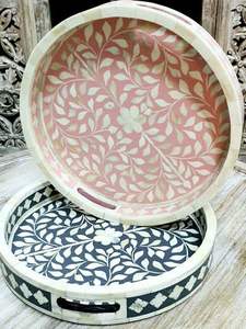 New Bone Inlay Mère Perle Plateau rond Bois Résine Métal Acrylique Marbre Plateau De Service PAR HF CRAFTS - Product Image 3