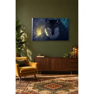 Impression sur toile de loup aux yeux bleus de Fida avec lumière dorée sur fond galactique - Product Image 1