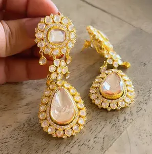 Peora 18k镀金Jadau Kundan，印度传统珠宝，银辉石波尔基耳环，银耳环