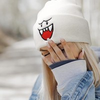 Chapeau en tricot brodé avec un visage joyeux et confortable - Chapeau d'hiver chaud et mignon pour hommes, le cadeau de Noël parfait, tendance haut de gamme