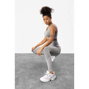 Collants de sport gris décontractés à taille haute avec détails côtelés et sans couture - Product Image 2