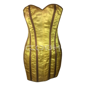 Mini-robe corset en satin doré à décolleté cœur, avec baleines en acier et laçage serré, idéale pour la mode et les événements - Product Image 1