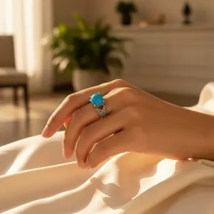 แหวนเงินแท้ 925 ประดับเทอร์ควอยซ์สำหรับผู้หญิง เครื่องประดับอัญมณี ของขวัญ นาฬิกาควอตซ์ หมวดหมู่สินค้า - Product Image 1