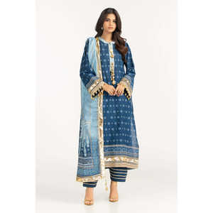 ชุดสูทผ้าซาตินสีน้ำเงิน 3 ชิ้น พิมพ์ลายทอง สำหรับผู้หญิง สไตล์ลำลองสำหรับใส่ทำงาน ตกแต่งด้วยกระดุม - Product Image 1