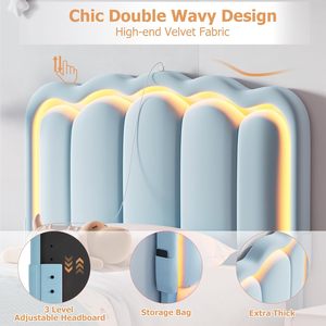 <span class=keywords><strong>Lit</strong></span> réglable à plateforme double Chic Tête de <span class=keywords><strong>lit</strong></span> LED Tiroir de rangement rembourré Velours Wavy Princess Lattes Bois massif Enfants/Filles - Product Image 5