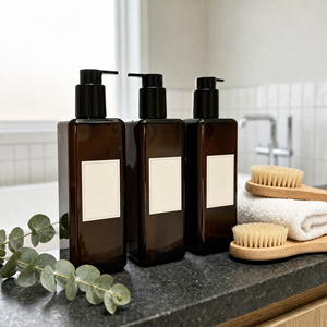 <b>Hair</b> Perm Lotion Set Dark Amber Square PET Pump Bottles with Towel and <b>Brush</b> - Product Image 2