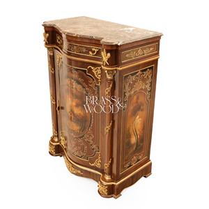 Meuble à chaussures de luxe de style français avec plateau en marbre foncé, décorations peintes à la main, marqueterie florale et accents dorés pour palais - Product Image 5