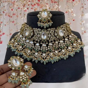 Conjunto de joyería nupcial tradicional Grand Polki, collar y gargantilla de latón a la moda para mujeres y niñas, regalo de compromiso de boda - Product Image 1