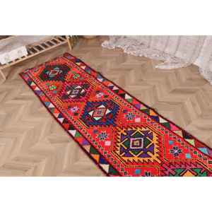 2.6x10.1 ft Turkish Rug, Vintage <b>Runner</b> Rug, <b>Red</b> Blue Solid Rug - Product Image 4