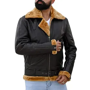 Veste en cuir noir pour homme, manteau en fourrure de mouton double face, veste chaude et élégante pour l'hiver, veste de moto - Product Image 4