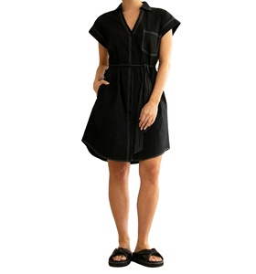 Robe en coton grande taille avec col boutonné fonctionnel, décolleté en V, manches courtes intégrées, ceinture à nouer, design sexy et tendance - Product Image 1