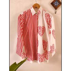 Chemise en tissu popeline rouge à motifs de cœurs moitié-à-moitié - Product Image 5