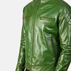 GLOBAL LEATHER Men's Gatsby Green Genuine <b>Sheepskin</b> Biker <b>Jacket</b> Vintage Style Reversible Stand Collar Zippered Closure XS Size - Product Image 5