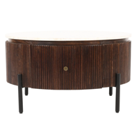 Table basse de salon moderne en bois de manguier massif européen, plateau cannelé brun, finition artisanale, plateau en marbre blanc, pieds en métal noir