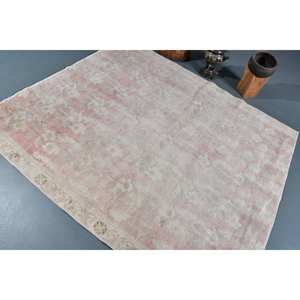 Alfombra de lana rosa y Blanca vintage de 5,9x6,8 pies, Alfombra de sala de estar con patrón de retazos de tejido plano turco con respaldo de látex - Product Image 4