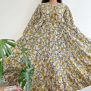Maxi vestido de algodón puro Vintage Floral bloque sólido Bagru estampado indio verano terroso naturaleza diosa cómodo ecológico - Product Image 1
