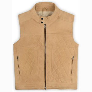 Gilet en cuir de motard respirant pour homme, couleur chair, en peau de mouton véritable, avec capuche et surpiqûres en losange, coupe ajustée, collection hiver 2025 - Product Image 2