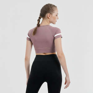 Dusty Pink Slim Fit Yoga <b>Top</b> with Breathable Soft Lightweight Spandex Fashion Design Solid Style Front Logo Plus Size Option - Product Image 2