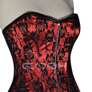 Mini-robe de mariée corset en satin rouge avec dentelle florale noire et baleines en acier |   Fournisseur de tenues de mariage romantiques et sexy avec corset - Product Image 5