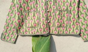 Vert rose hiver lavé décontracté veste matelassée femmes rayé passepoil fait à la main Vintage Boho Double face robe - Product Image 3