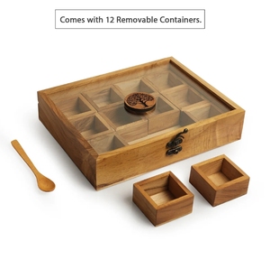 Tree of Life Handcrafted Spice Box With Spoon In Teak Wood 12 Containers spice container with spoon wooden box kitchen decor - Product Image 3