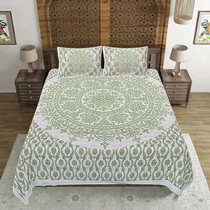 Green Floral Print 240 TC 100% Cotton Double Bed <b>Sheet</b> Set with 2 Pillow Covers <b>King</b> <b>Size</b> 3pc & 4pc Options Available (SHKV1042) - Product Image 2