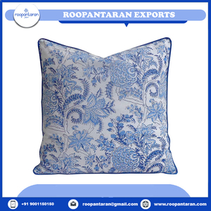 Best Selling Exquisite Hand Block Printed 100% Cotton Cushion Cover Pillow Floral Woven Pattern with Piping Throw Cushions - Product Image 4