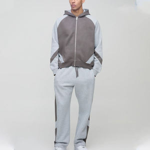 Survêtement de sport pour homme en molleton technique à blocs de couleur, 100% coton, capuche, fermeture éclair sur le devant, style 2 pièces, survêtement pour homme - Product Image 1