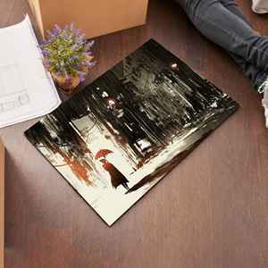 Tapis en laine traditionnelle écologique à dos en latex, épaisseur moyenne, avec motif de femme sous un parapluie, vue nocturne, cadeau personnalisé - Product Image 2